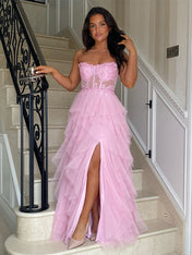 Black A-Line Strapless Tulle Tiered Long Prom Dress with Appliques
