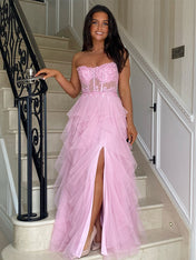 Black A-Line Strapless Tulle Tiered Long Prom Dress with Appliques