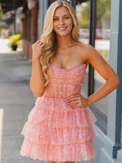 Pink A-Line Strapless Zipper Back Tiered Tulle Homecoming Dress