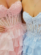 A-Line Sweetheart Lace Up Short Tiered Tulle Homecoming Dress