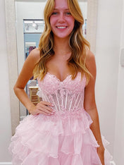 A-Line Sweetheart Lace Up Short Tiered Tulle Homecoming Dress