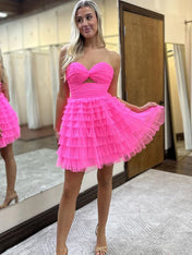 Pink A-Line Sweetheart Lace Up Short Tulle Homecoming Dress