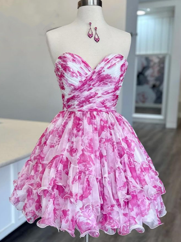 Pink A-Line Sweetheart Short Tiered Print Chiffon Homecoming Dress