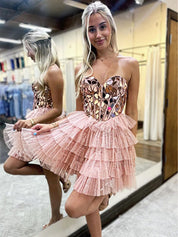 Pink A-Line Sweetheart Short Tiered Tulle Homecoming Dress with Mirror