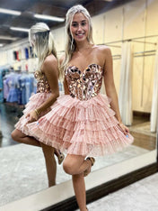 A-Line Sweetheart Short Tiered Tulle Homecoming Dress with Mirror