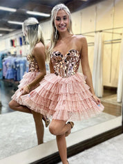 Pink A-Line Sweetheart Short Tiered Tulle Homecoming Dress with Mirror