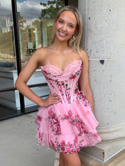 Pink A-Line Sweetheart Strapless Appliquues Tiered Homecoming Dress