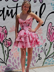Pink A-Line Sweetheart Strapless Appliquues Tiered Homecoming Dress