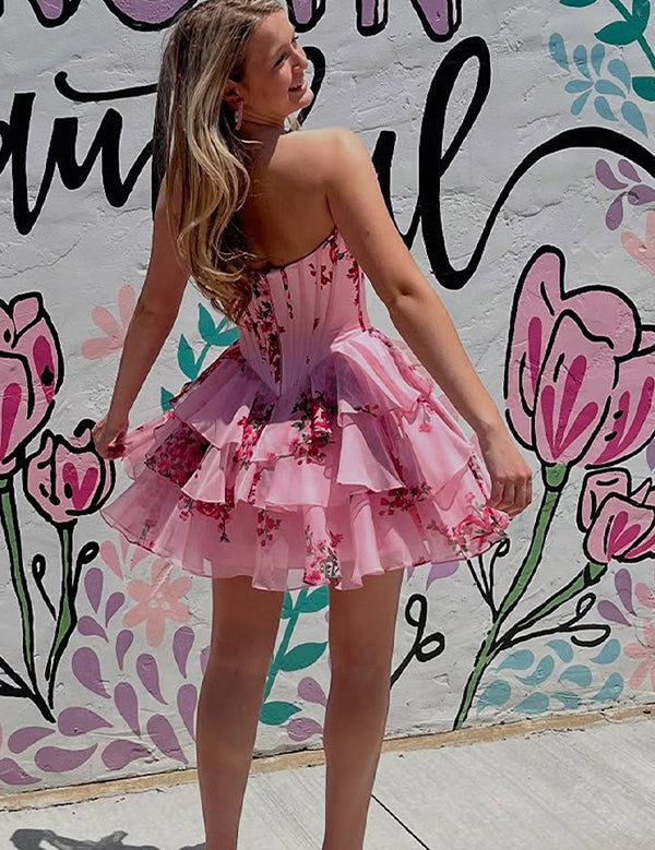 Pink A-Line Sweetheart Strapless Appliquues Tiered Homecoming Dress