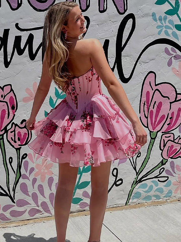 Pink A-Line Sweetheart Strapless Appliquues Tiered Homecoming Dress