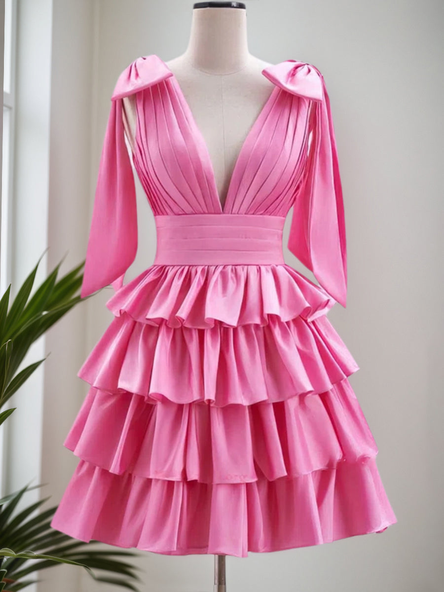 Black A-Line V-Neck Short Tiered Satin Homecoming Dress