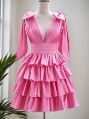 Black A-Line V-Neck Short Tiered Satin Homecoming Dress