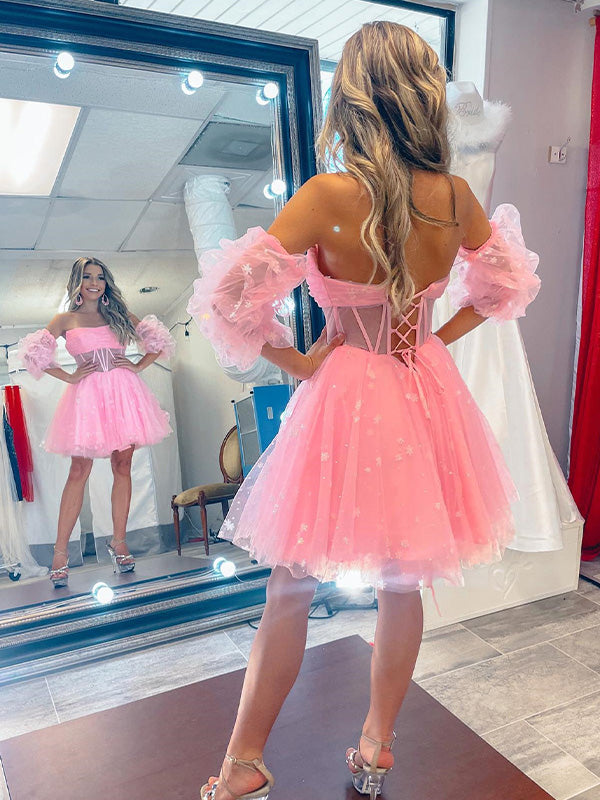 Pink A-line Scoop Corset Tulle Short Homecoming Dress