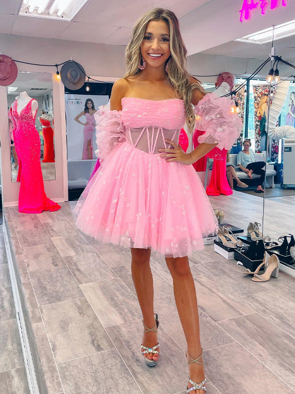 Pink A-line Scoop Corset Tulle Short Homecoming Dress