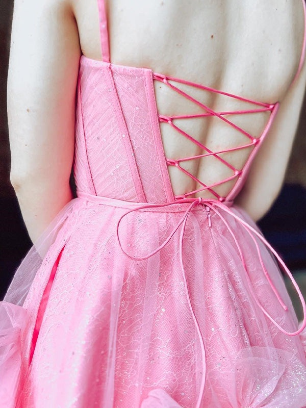Pink A-line Spaghetti Straps Short Ruffles Tulle Homecoming Dress