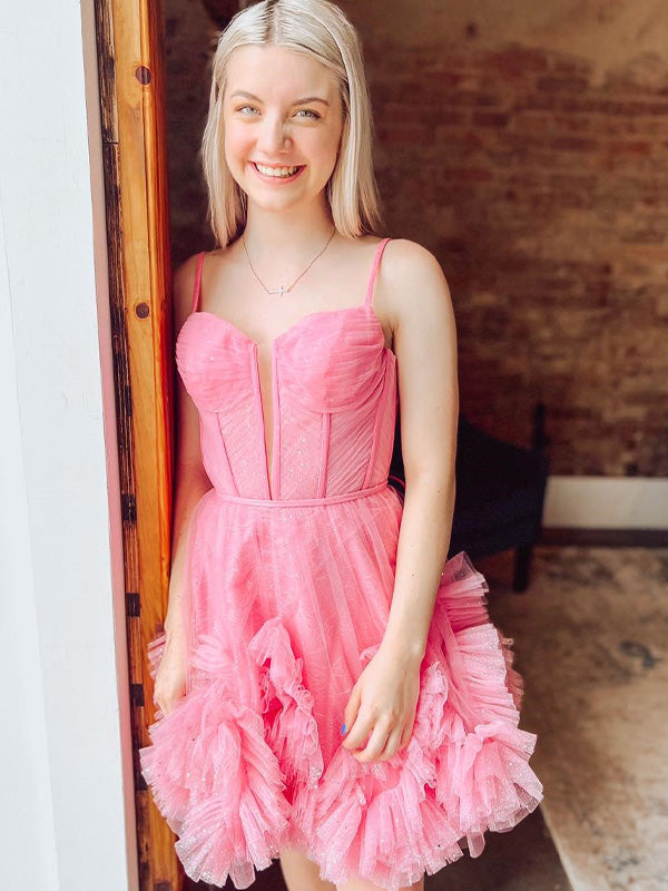 Pink A-line Spaghetti Straps Short Ruffles Tulle Homecoming Dress