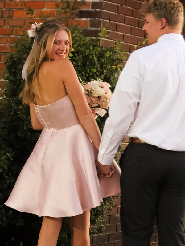 Pink A-line Strapless Satin Short Homecoming Dress
