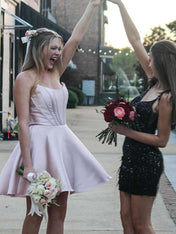 Pink A-line Strapless Satin Short Homecoming Dress