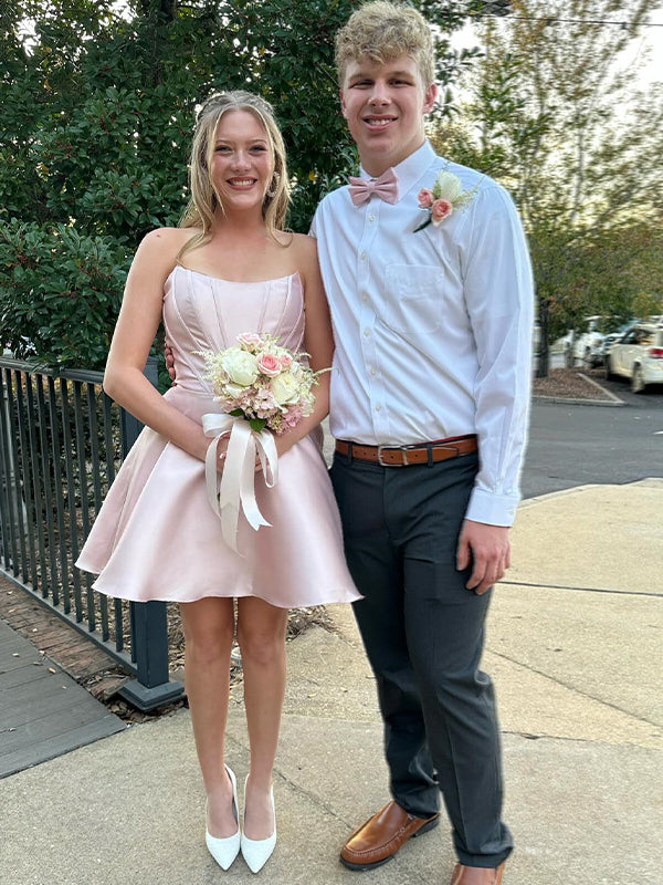 Pink A-line Strapless Satin Short Homecoming Dress