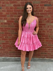 Pink A-line V Neck Spaghetti Straps Satin Short Homecoming Dress