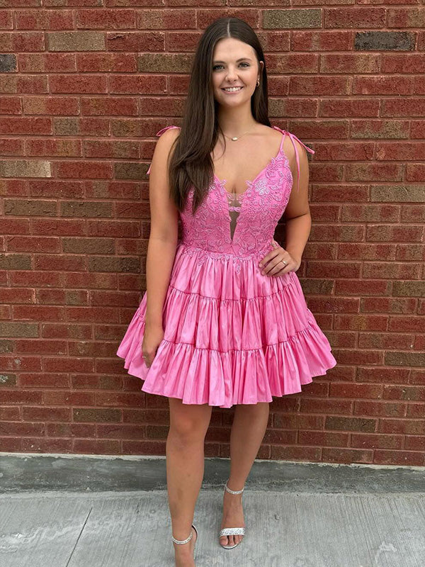 Pink A-line V Neck Spaghetti Straps Satin Short Homecoming Dress
