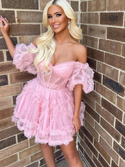 Pink A Line Off the Shoulder Cortset Homecoming Dress