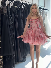 Pink A Line Short Corset Tulle Homecoming Dress with Ruffles