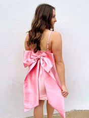 Pink A Line Short Satin Homecoming Dress with Removable Bow