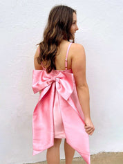 Pink A Line Short Satin Homecoming Dress with Removable Bow