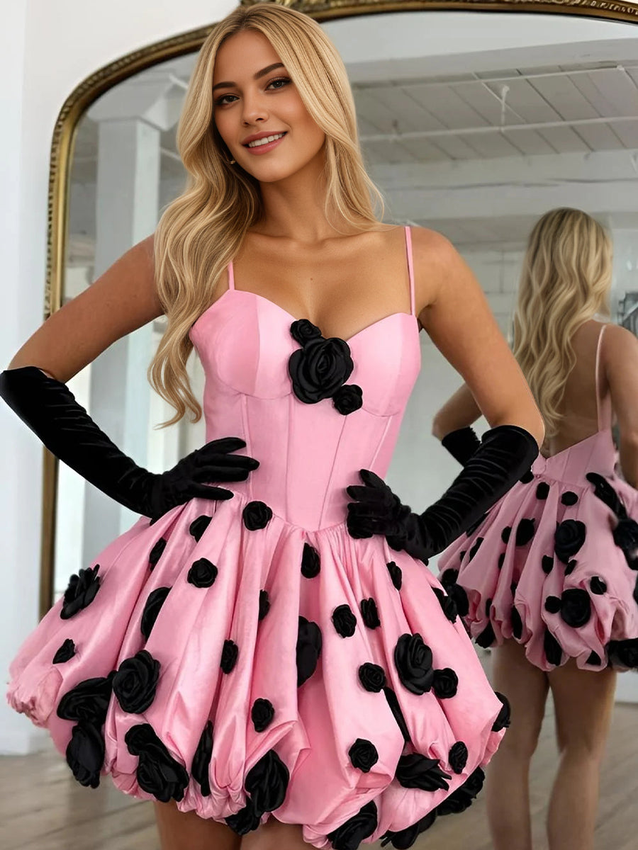 Pink A Line Spaghetti Straps Short Homecoming Dress with 3D Flowers
