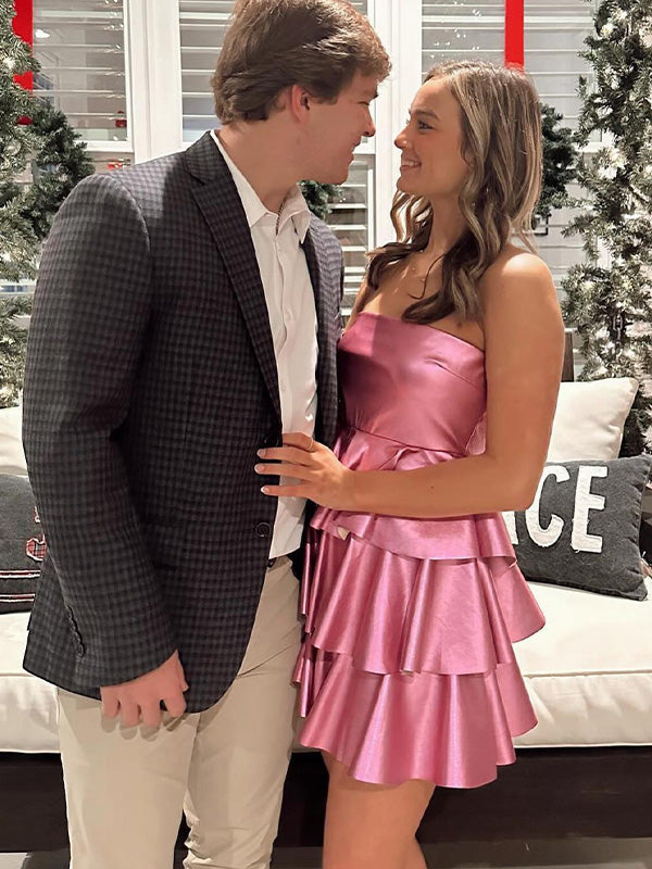Pink A Line Strapless Metallic Ruffle Short Homecoming Party Dress