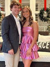 Pink A Line Strapless Metallic Ruffle Short Homecoming Party Dress