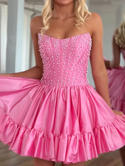 Pink A Line Strapless Pearls Short Homecoming Dress with Ruffles