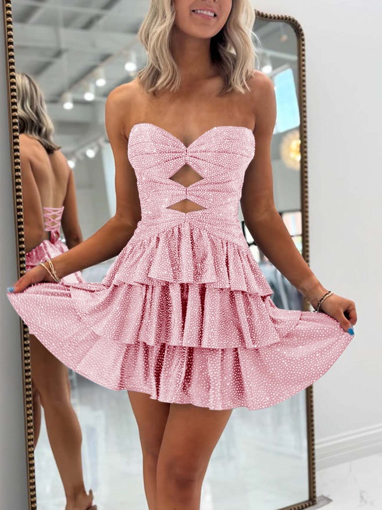 A Line Strapless Sweetheart Satin Short Homecoming Dress with Keyhole