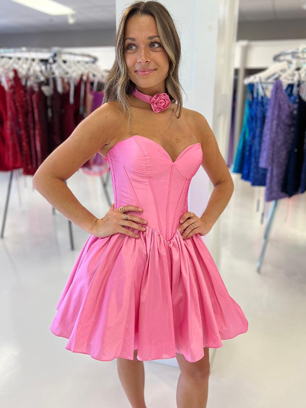 Pink A Line Strapless Sweetheart Short Homecoming Dress