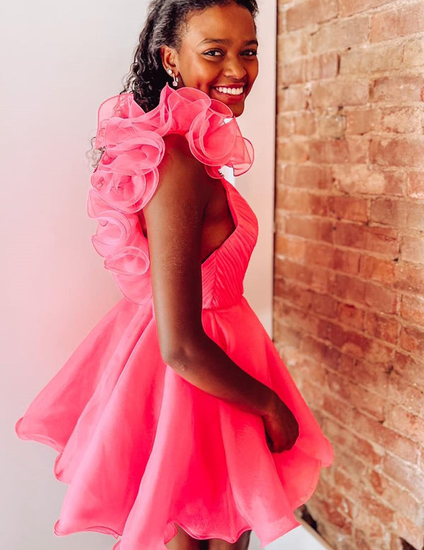 Pink A Line Surplice Ruffles Straps Tulle Homecoming Dress