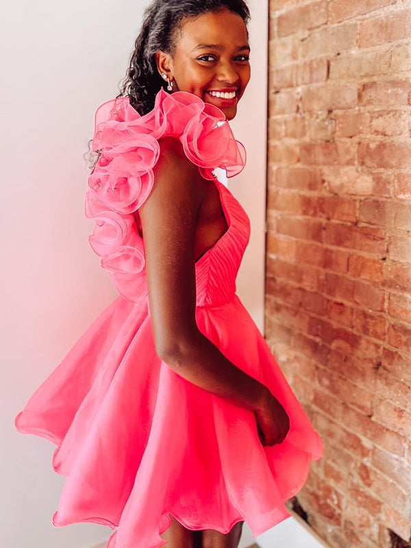 Pink A Line Surplice Ruffles Straps Tulle Homecoming Dress