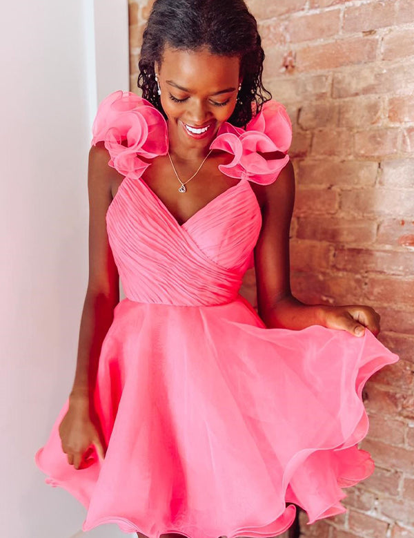 Pink A Line Surplice Ruffles Straps Tulle Homecoming Dress