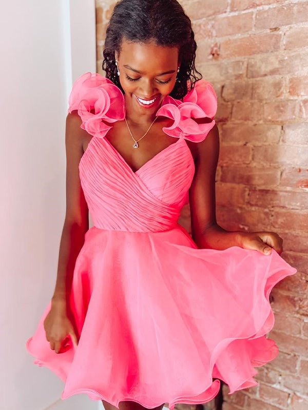 Pink A Line Surplice Ruffles Straps Tulle Homecoming Dress