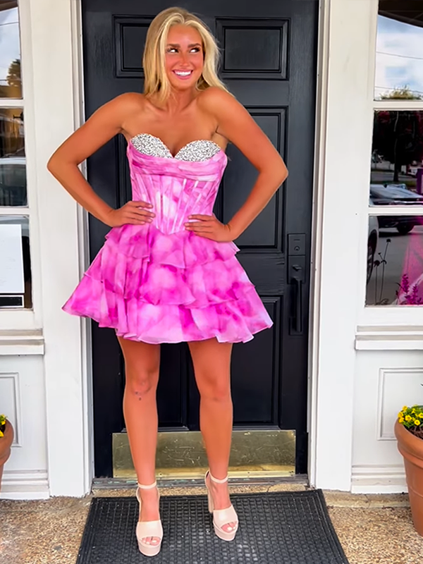 Pink A Line Sweetheart Tiered Short Homecoming Dress