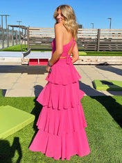 Blue A Line V-Neck Tiered Long Prom Dress with Cut-out