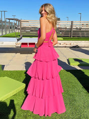 Blue A Line V-Neck Tiered Long Prom Dress with Cut-out