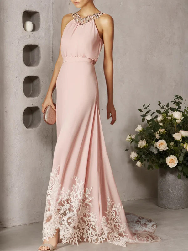 Pink Beaded Ruched Chiffon Halter Sleeveless A-Line Gown Dress