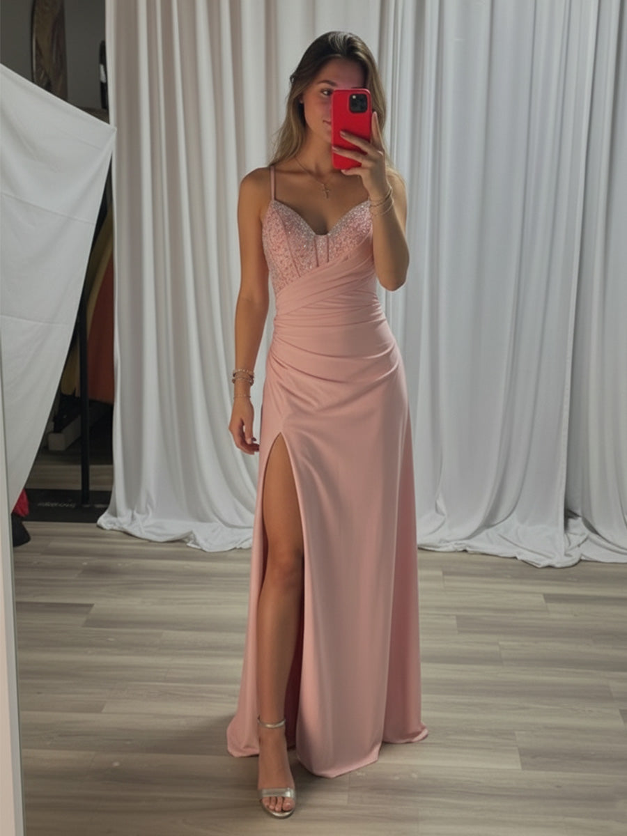 Pink Beaded V Neck Corset Bodice Long Prom Dress with Slit