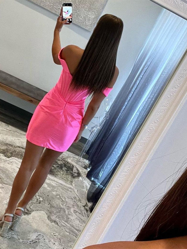 Pink Bodycon Off The Shoulder Satin Homecoming Dress With Pleating