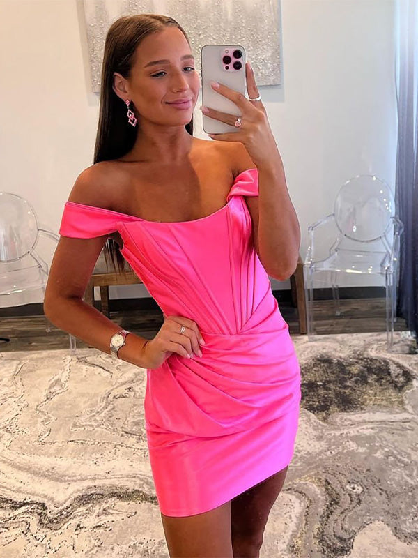 Pink Bodycon Off The Shoulder Satin Homecoming Dress With Pleating