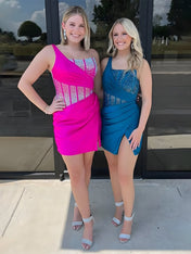 Pink Bodycon One Shoulder Satin Short Homecoming Dresses with Slit