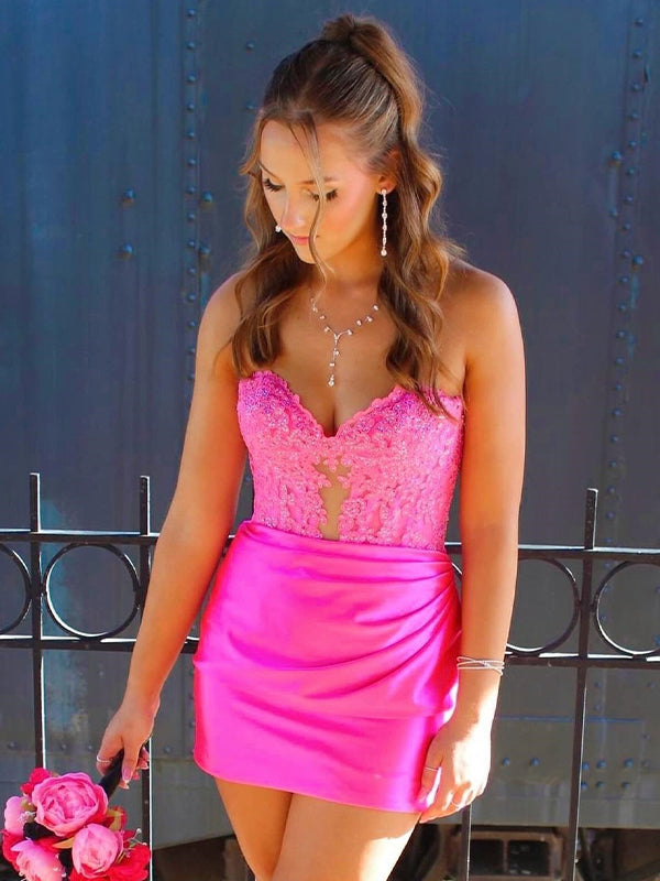 Pink Bodycon Sweetheart Lace Top Short Satin Homecoming Dress