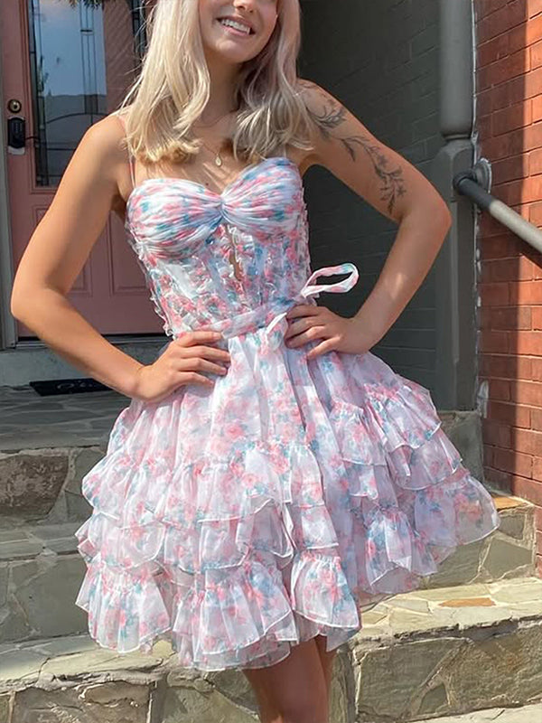 Pink Chiffon Printing Ruffle Mini Ball Gown Homecoming Dress With Bow