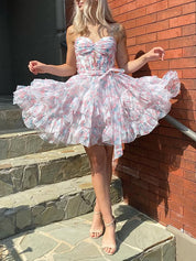 Pink Chiffon Printing Ruffle Mini Ball Gown Homecoming Dress With Bow